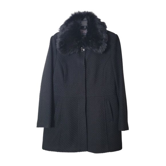 Jessica Simpson Black Faux Fur Collar Textured Womens Coat L - Picture 2 of 16